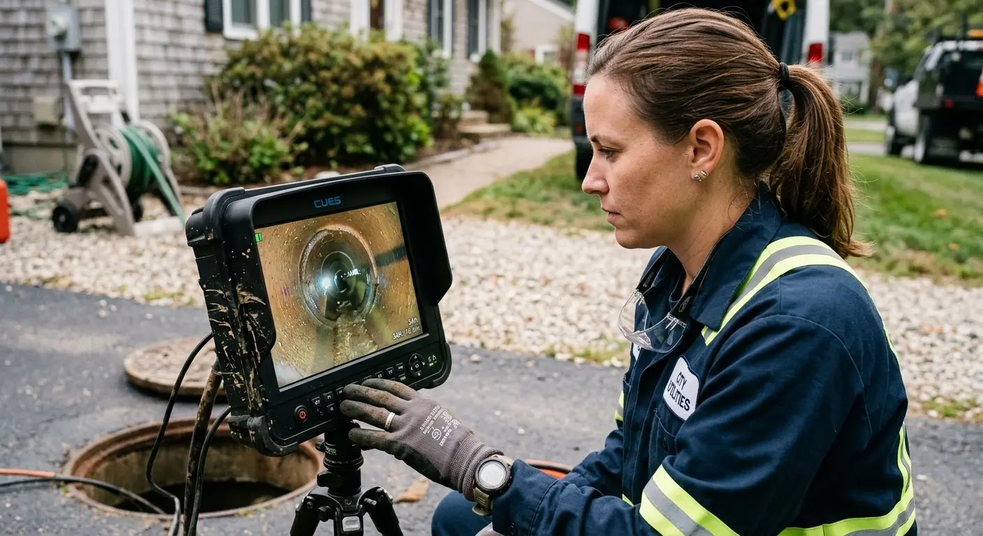Technician reviewing sewer camera inspection footage in Morrow