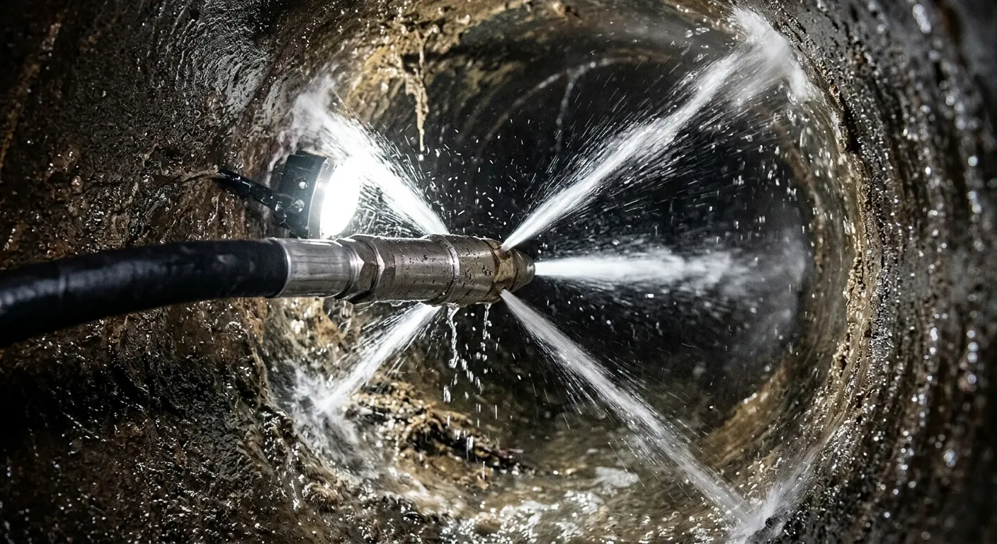 High-pressure hydro jetting nozzle cleaning sewer pipe for Emergency Drain Service in Morrow