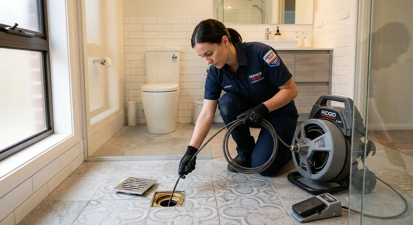 Technician clearing a bathroom floor drain for Drain Cleaning in Morrow